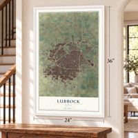 Lubbock, Texas map, 24 x 36 inch print in a white frame by a staircase