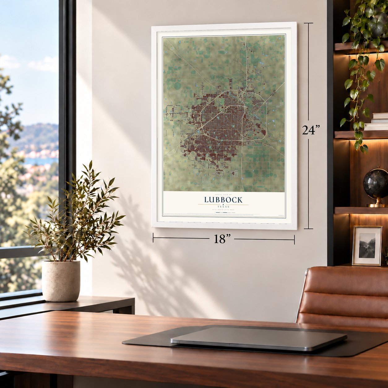 Lubbock, Texas map, 18 x 24 inch print in a white frame in a home office