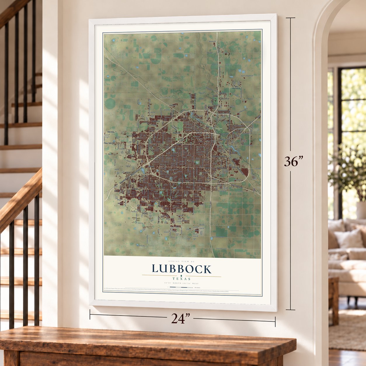 Lubbock, Texas map, 24 x 36 inch print in a white frame by a staircase