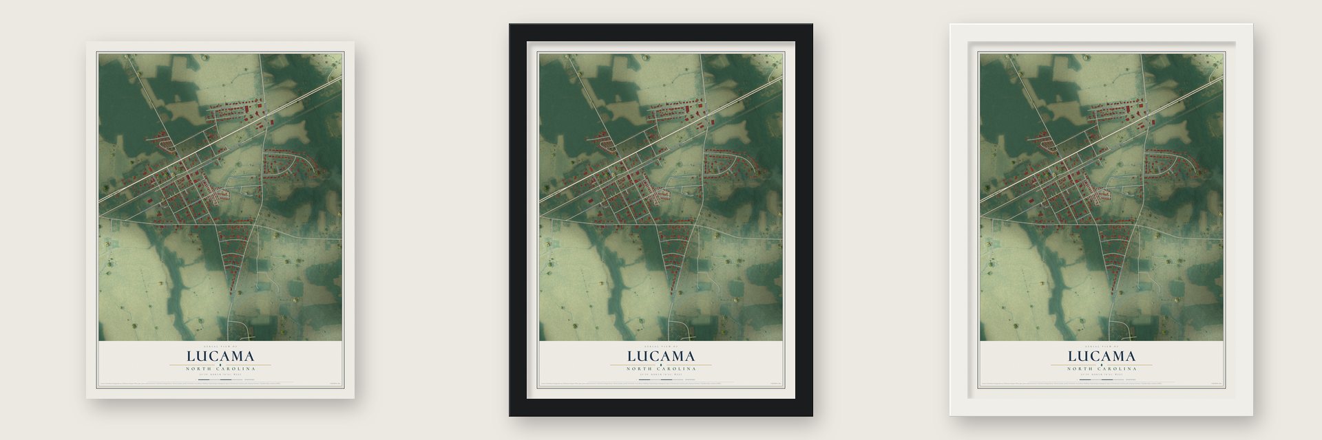 Lucama, North Carolina map unframed, in a black wood frame and in a white wood frame