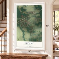 Lucama, North Carolina map, 24 x 36 inch print in a white frame by a staircase