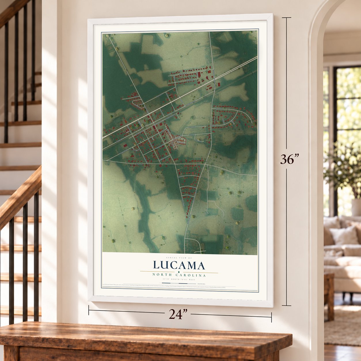 Lucama, North Carolina map, 24 x 36 inch print in a white frame by a staircase