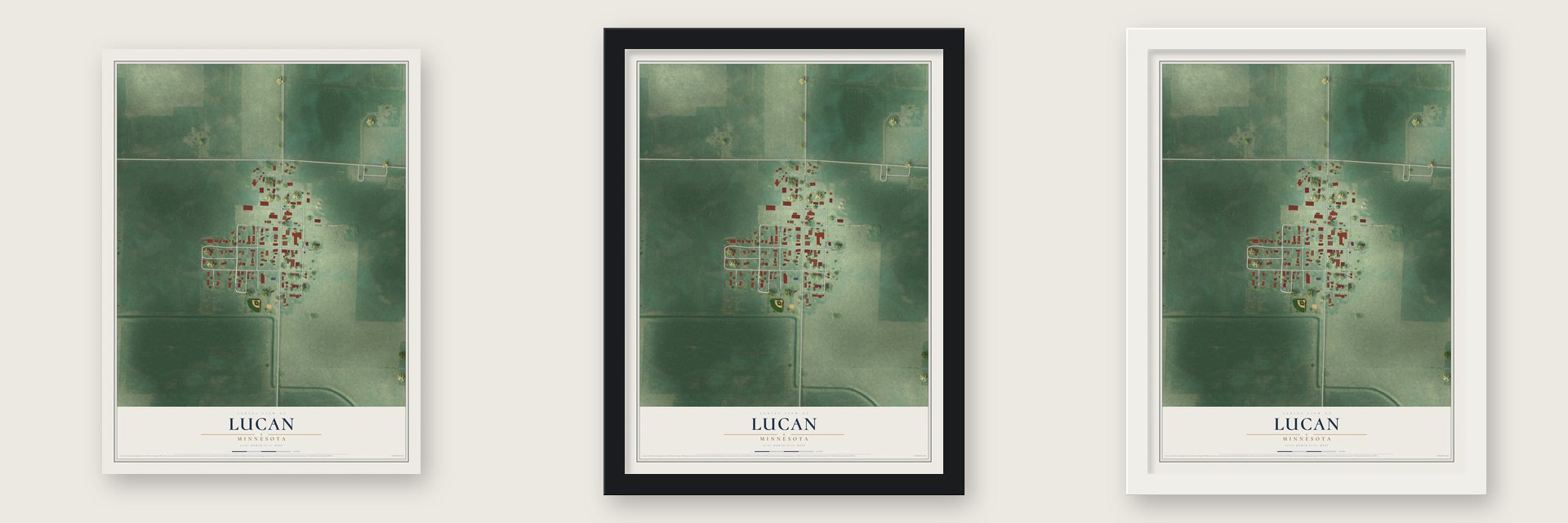 Lucan, Minnesota map unframed, in a black wood frame and in a white wood frame