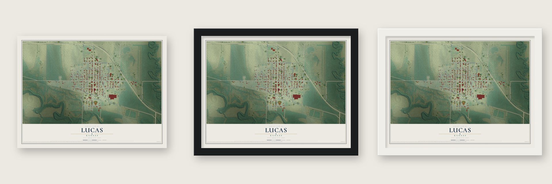 Lucas, Kansas map unframed, in a black wood frame and in a white wood frame