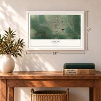 Lucas, Kansas map, 12 x 18 inch print in a white frame in an entryway