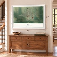 Lucas, Kansas map, 24 x 36 inch print in a white frame above a dresser by a staircase