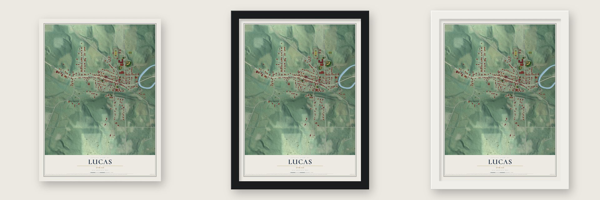 Lucas, Ohio map unframed, in a black wood frame and in a white wood frame