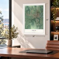Lucas, Ohio map, 18 x 24 inch print in a white frame in a home office