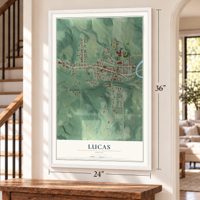 Lucas, Ohio map, 24 x 36 inch print in a white frame by a staircase