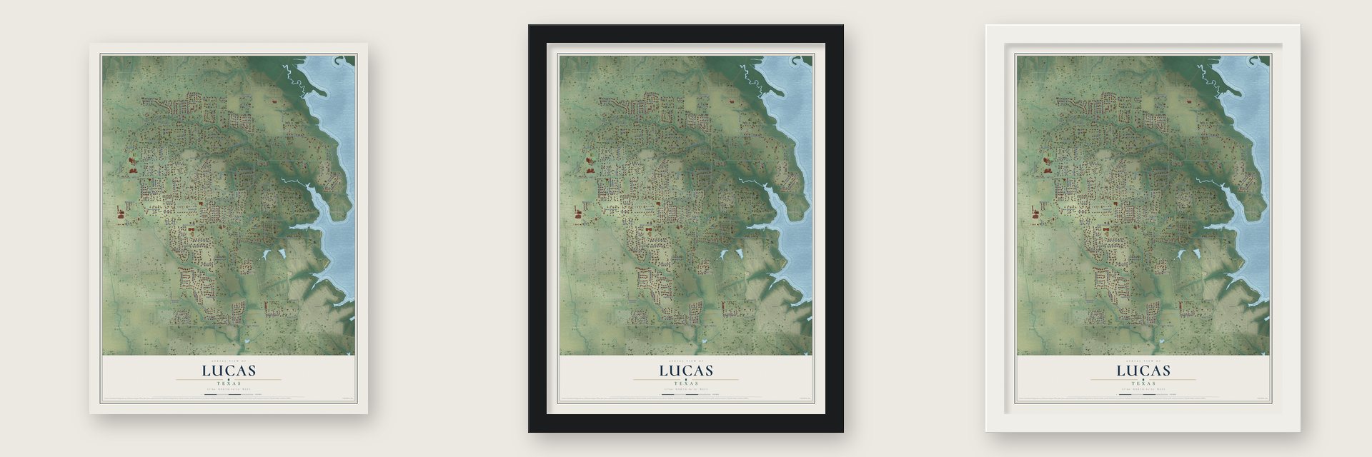 Lucas, Texas map unframed, in a black wood frame and in a white wood frame