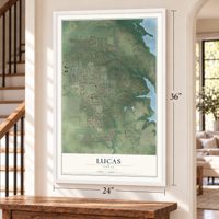 Lucas, Texas map, 24 x 36 inch print in a white frame by a staircase