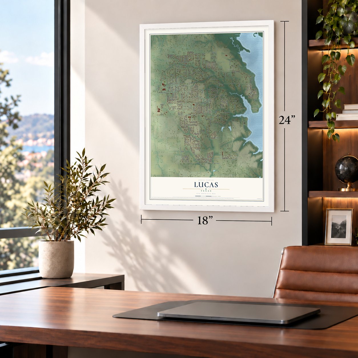 Lucas, Texas map, 18 x 24 inch print in a white frame in a home office