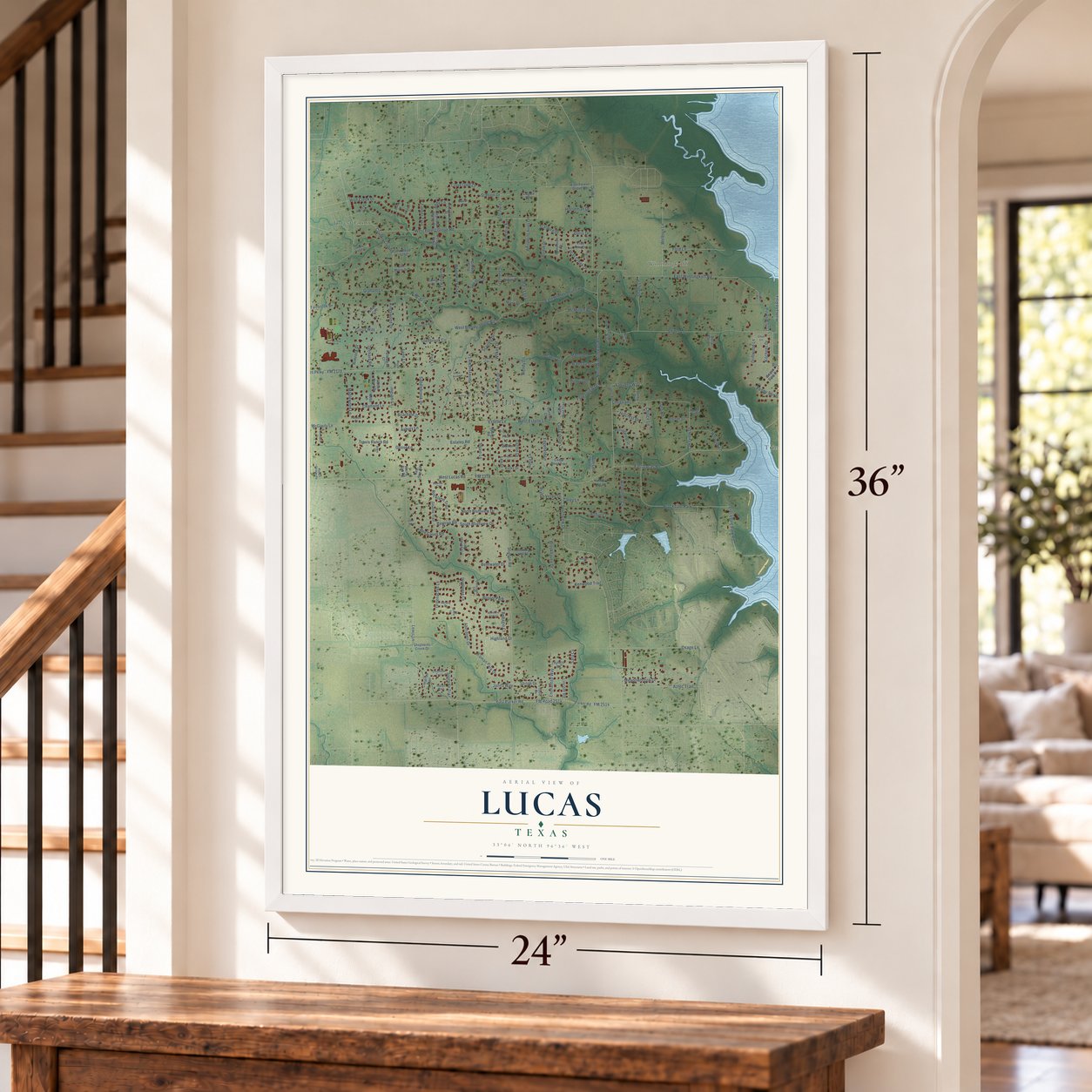 Lucas, Texas map, 24 x 36 inch print in a white frame by a staircase