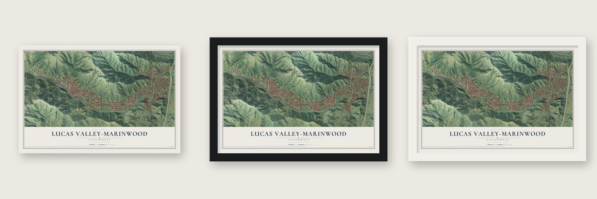 Lucas Valley-Marinwood, California map unframed, in a black wood frame and in a white wood frame