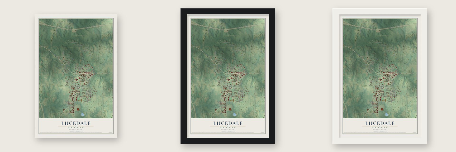 Lucedale, Mississippi map unframed, in a black wood frame and in a white wood frame