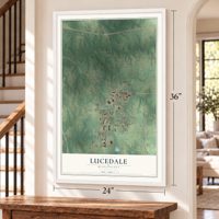 Lucedale, Mississippi map, 24 x 36 inch print in a white frame by a staircase