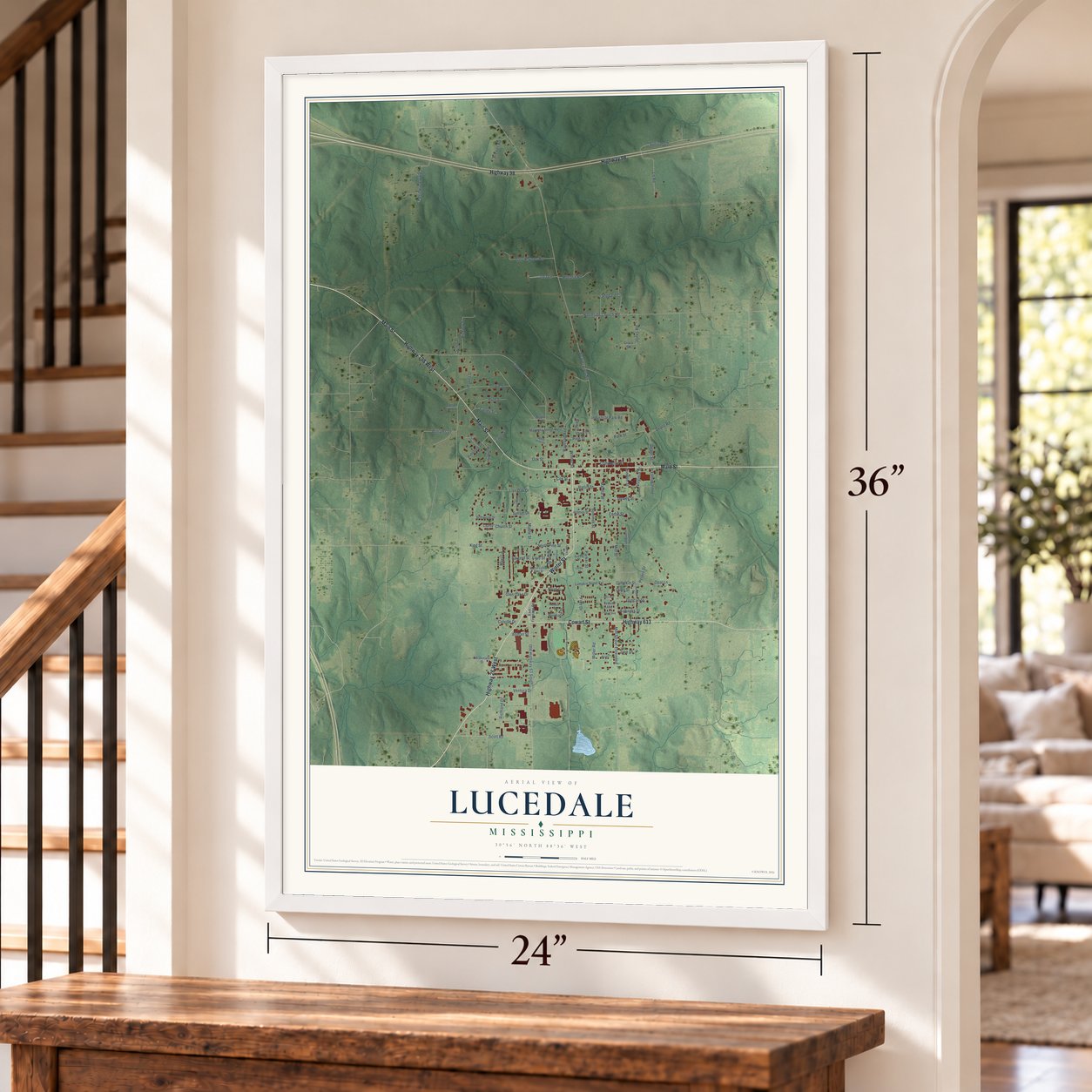 Lucedale, Mississippi map, 24 x 36 inch print in a white frame by a staircase