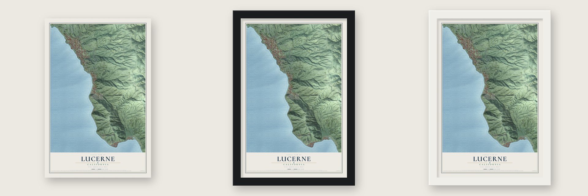 Lucerne, California map unframed, in a black wood frame and in a white wood frame