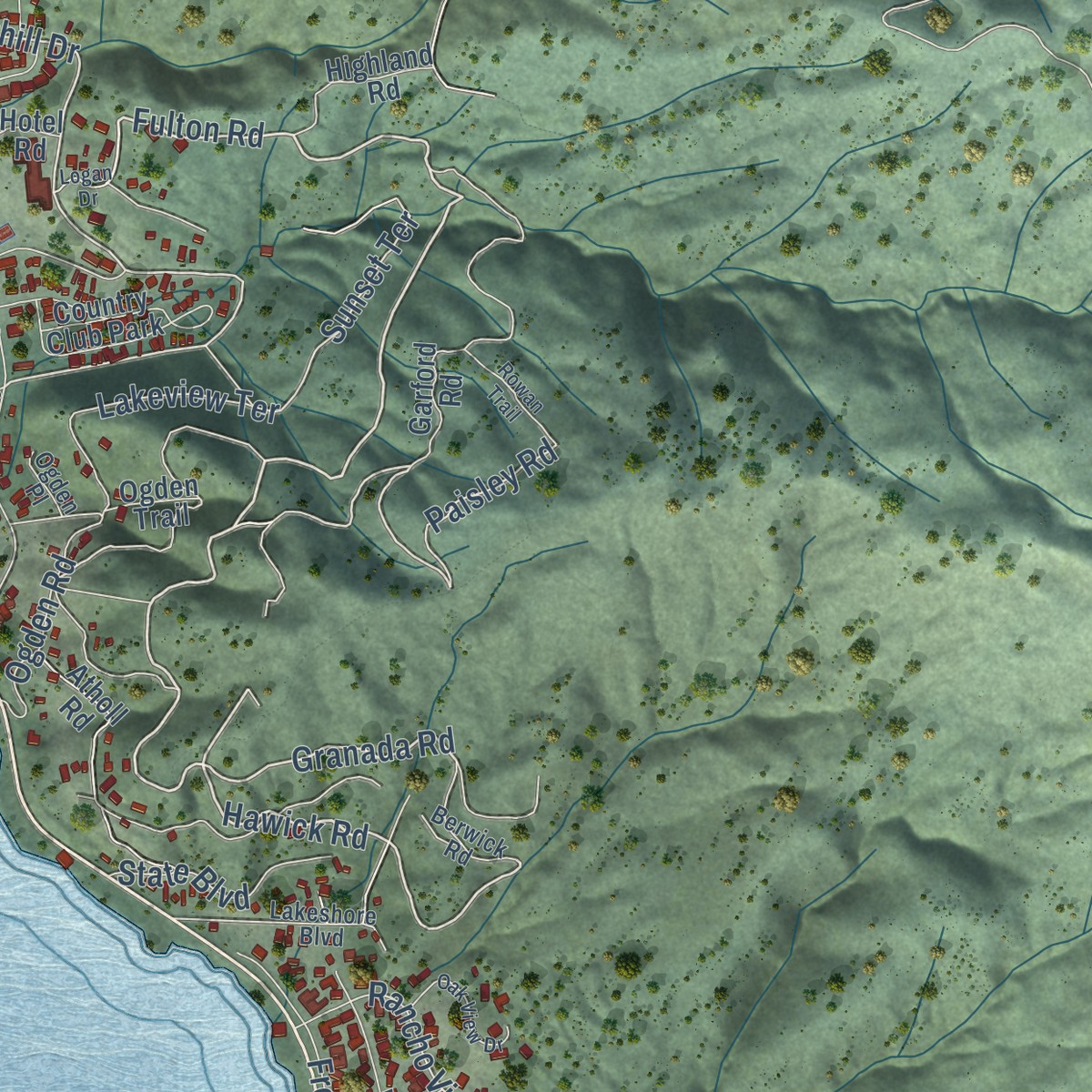 Second close-up of the map of Lucerne, California print showing more streets and buildings
