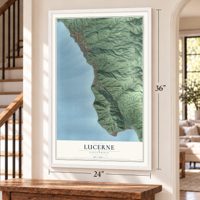 Lucerne, California map, 24 x 36 inch print in a white frame by a staircase