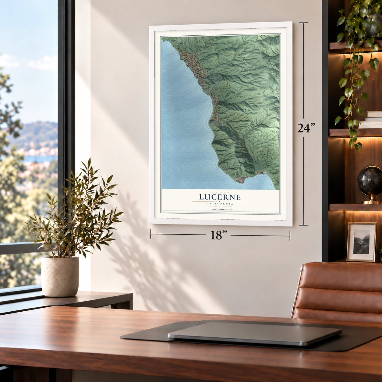 Lucerne, California map, 18 x 24 inch print in a white frame in a home office