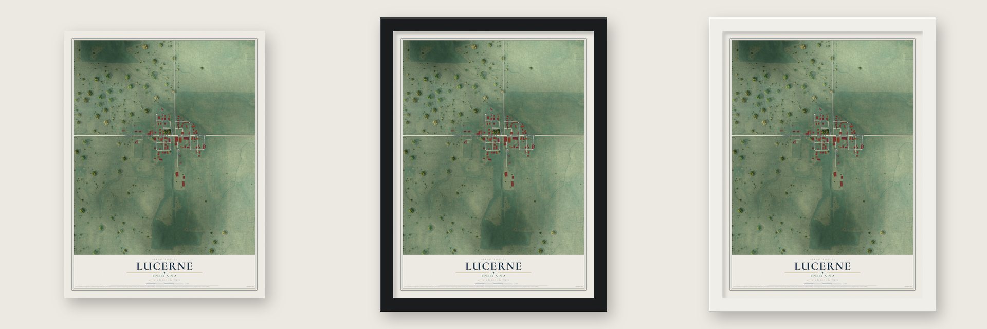 Lucerne, Indiana map unframed, in a black wood frame and in a white wood frame