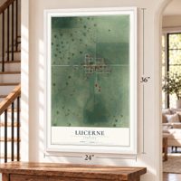 Lucerne, Indiana map, 24 x 36 inch print in a white frame by a staircase