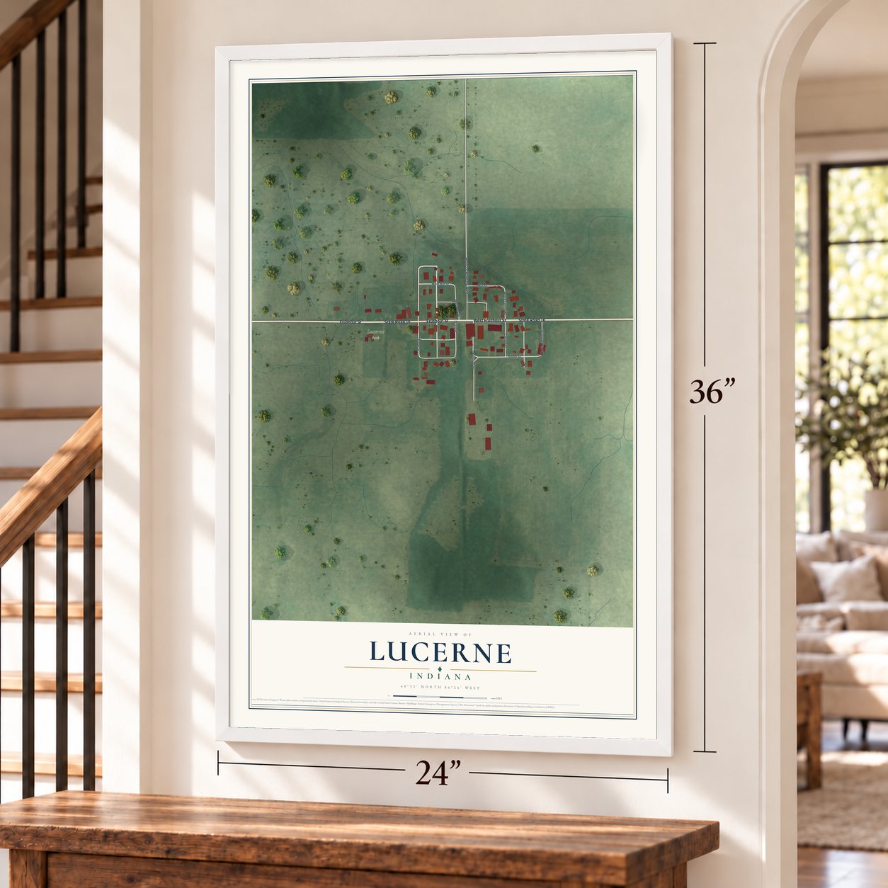 Lucerne, Indiana map, 24 x 36 inch print in a white frame by a staircase