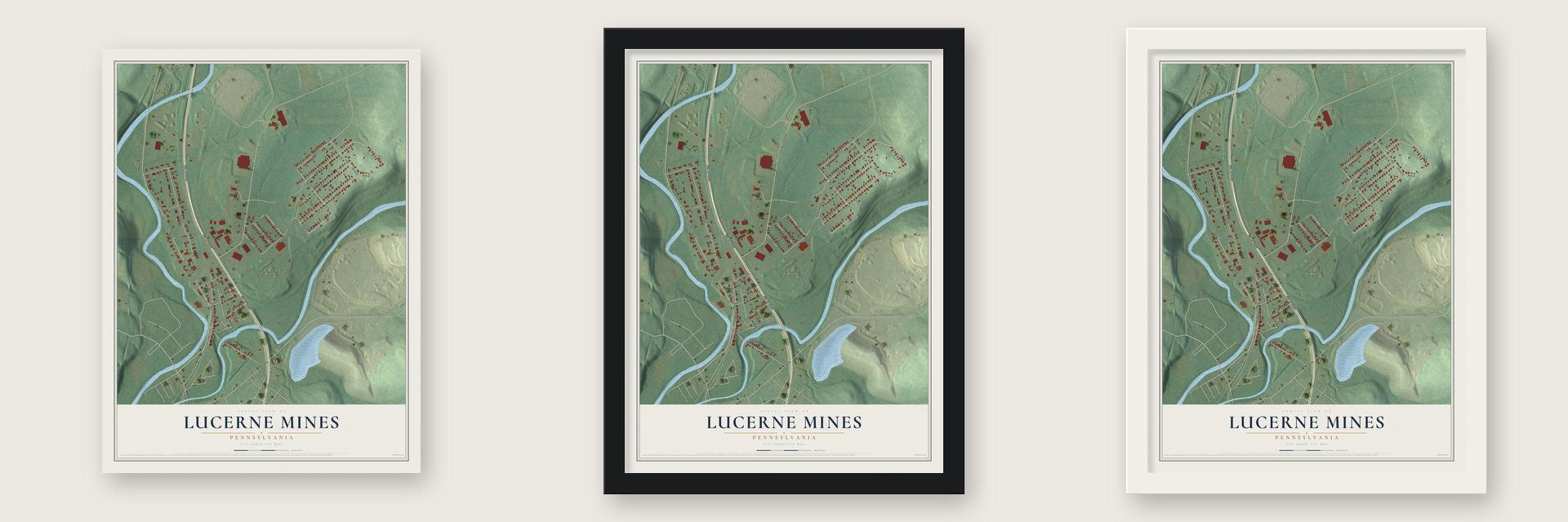 Lucerne Mines, Pennsylvania map unframed, in a black wood frame and in a white wood frame