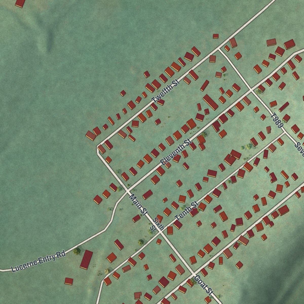 Second close-up of the map of Lucerne Mines, Pennsylvania print showing more streets and buildings