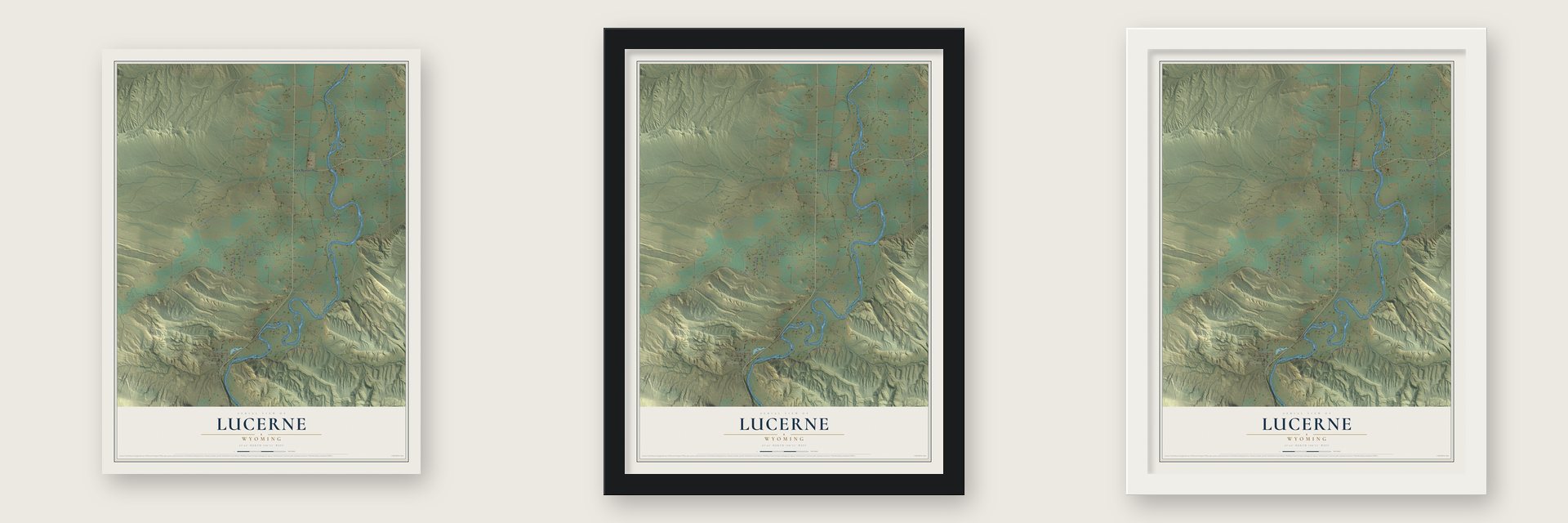 Lucerne, Wyoming map unframed, in a black wood frame and in a white wood frame