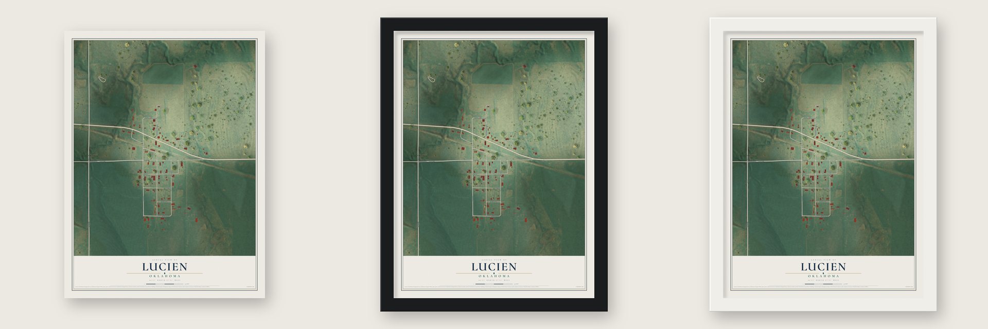 Lucien, Oklahoma map unframed, in a black wood frame and in a white wood frame
