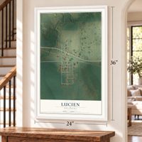 Lucien, Oklahoma map, 24 x 36 inch print in a white frame by a staircase