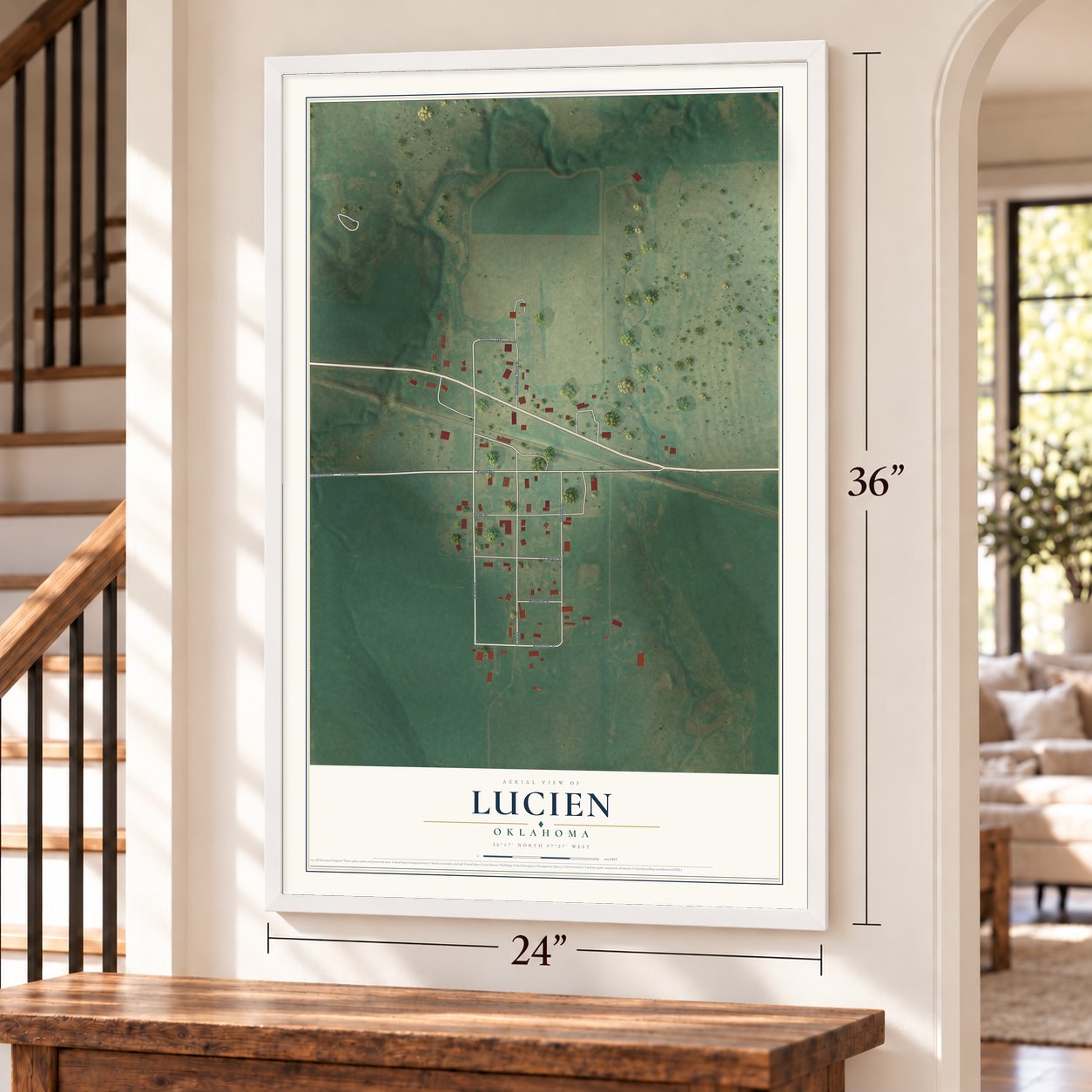 Lucien, Oklahoma map, 24 x 36 inch print in a white frame by a staircase