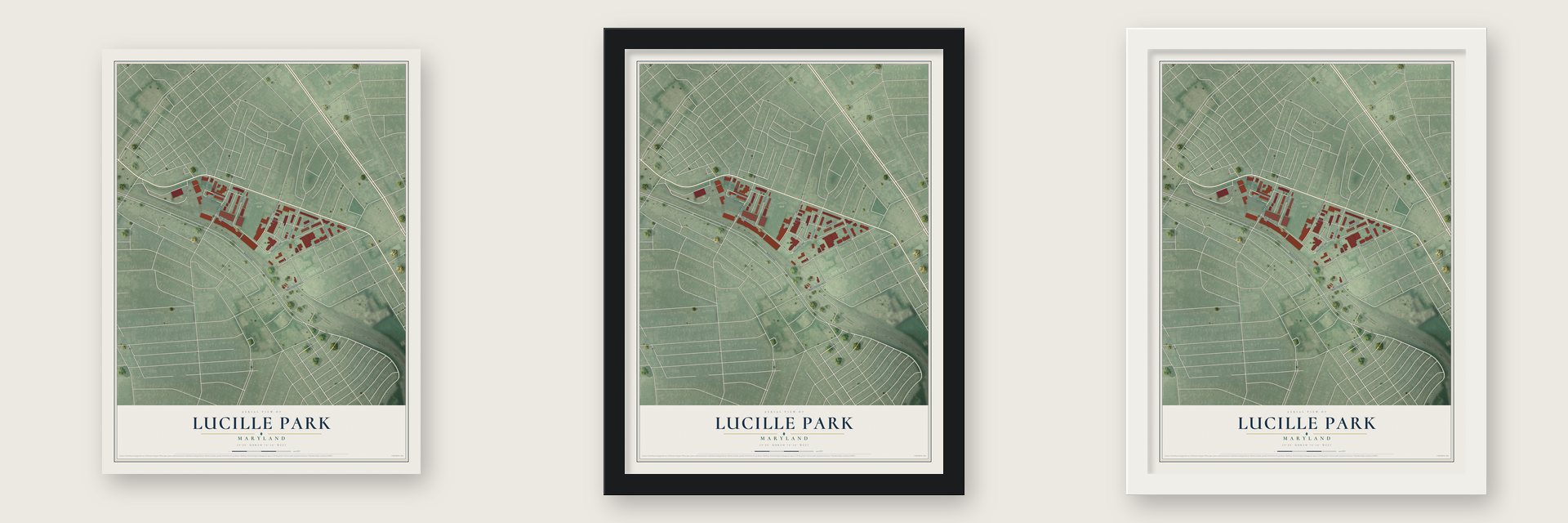 Lucille Park, Maryland map unframed, in a black wood frame and in a white wood frame