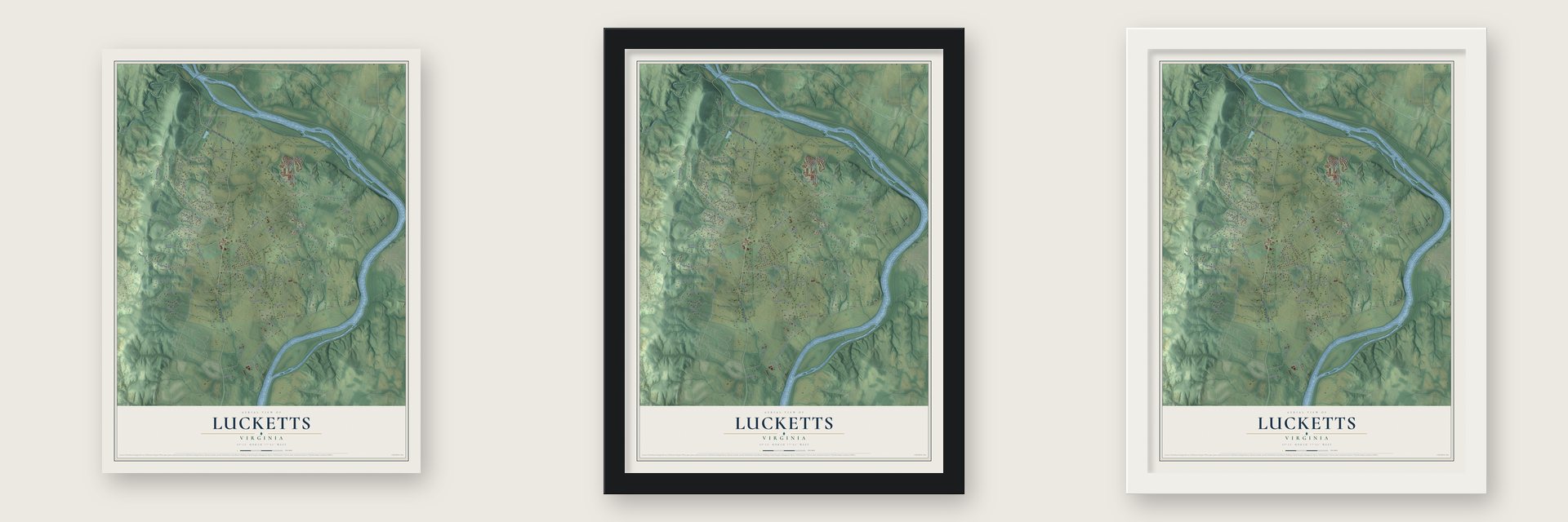 Lucketts, Virginia map unframed, in a black wood frame and in a white wood frame