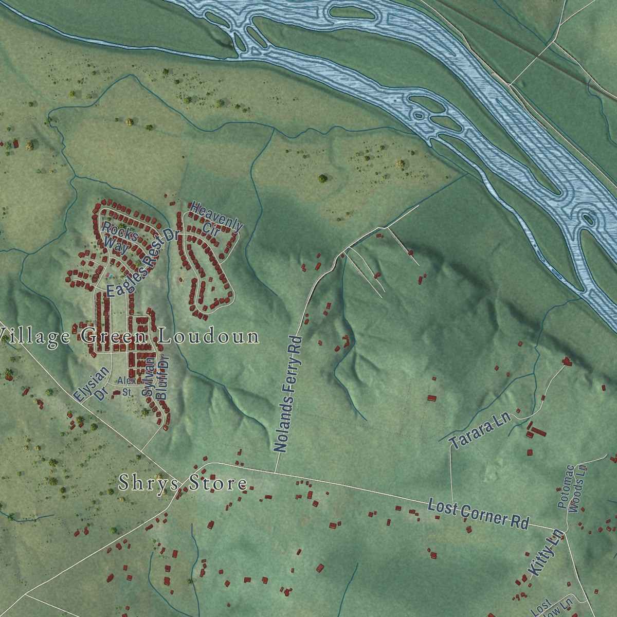 Second close-up of the map of Lucketts, Virginia print showing more streets and buildings