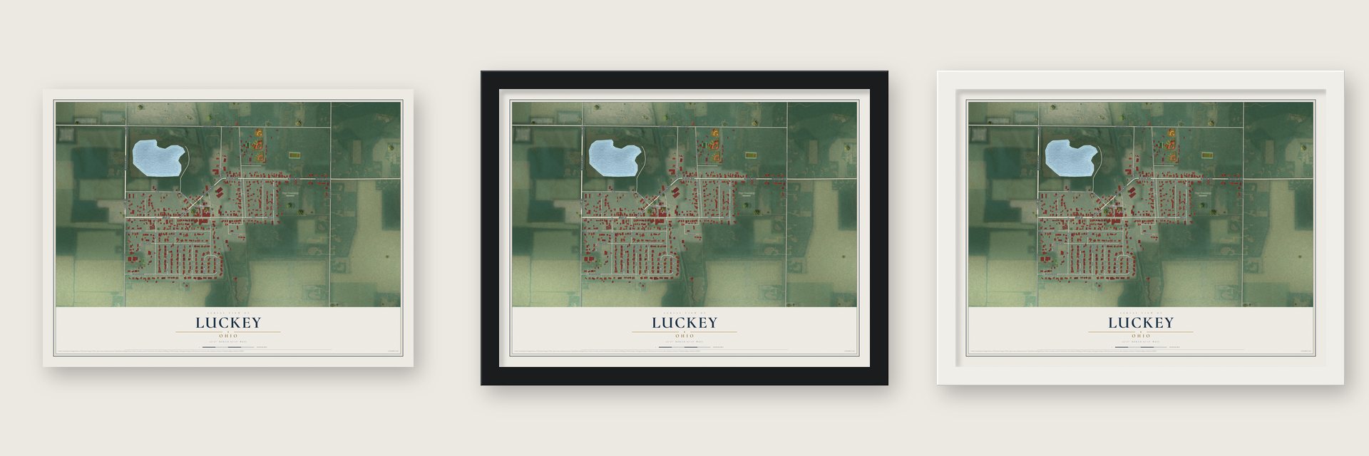 Luckey, Ohio map unframed, in a black wood frame and in a white wood frame