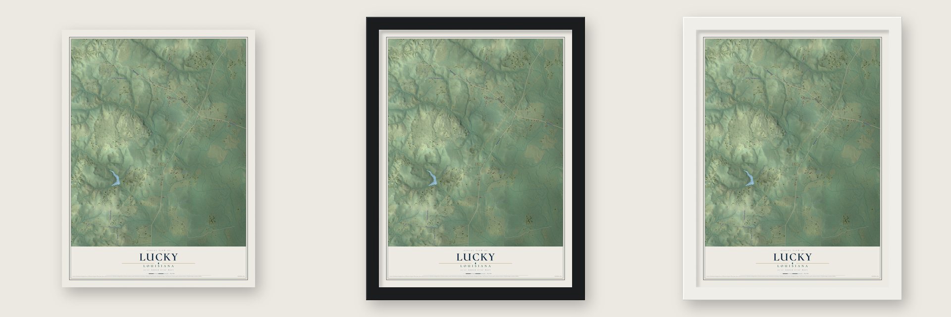 Lucky, Louisiana map unframed, in a black wood frame and in a white wood frame