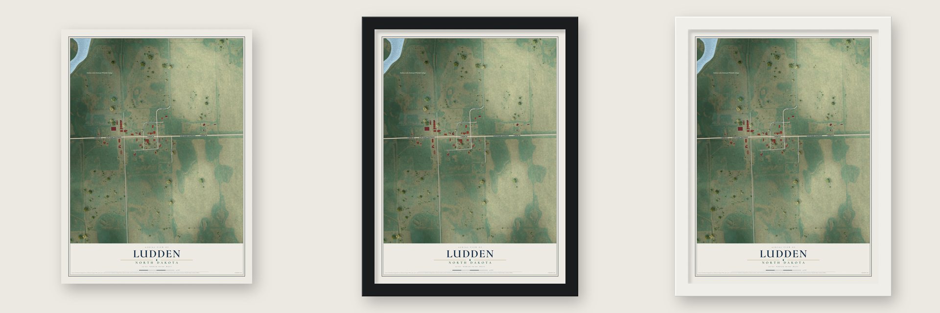 Ludden, North Dakota map unframed, in a black wood frame and in a white wood frame