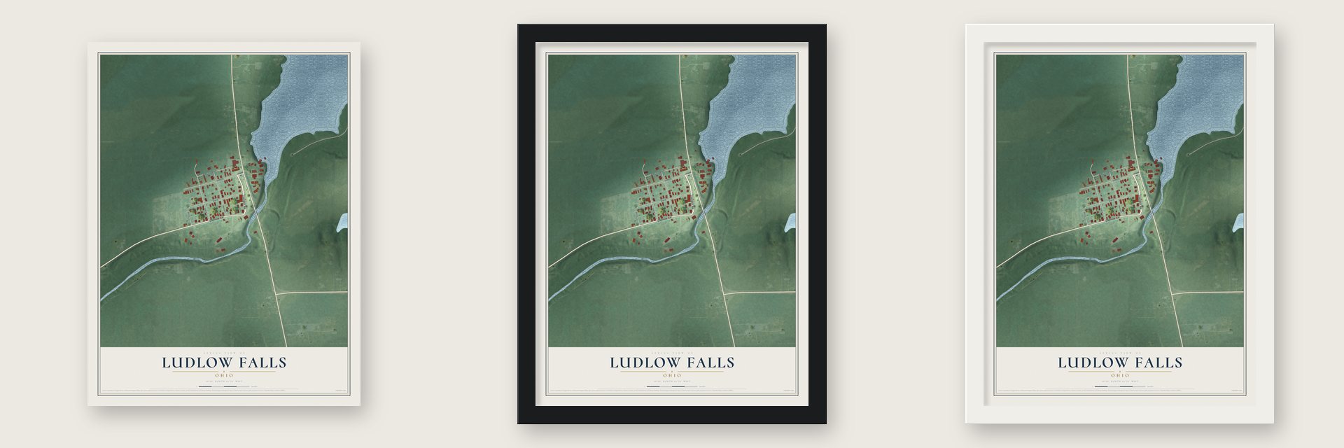 Ludlow Falls, Ohio map unframed, in a black wood frame and in a white wood frame
