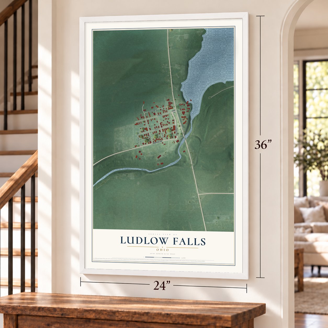 Ludlow Falls, Ohio map, 24 x 36 inch print in a white frame by a staircase
