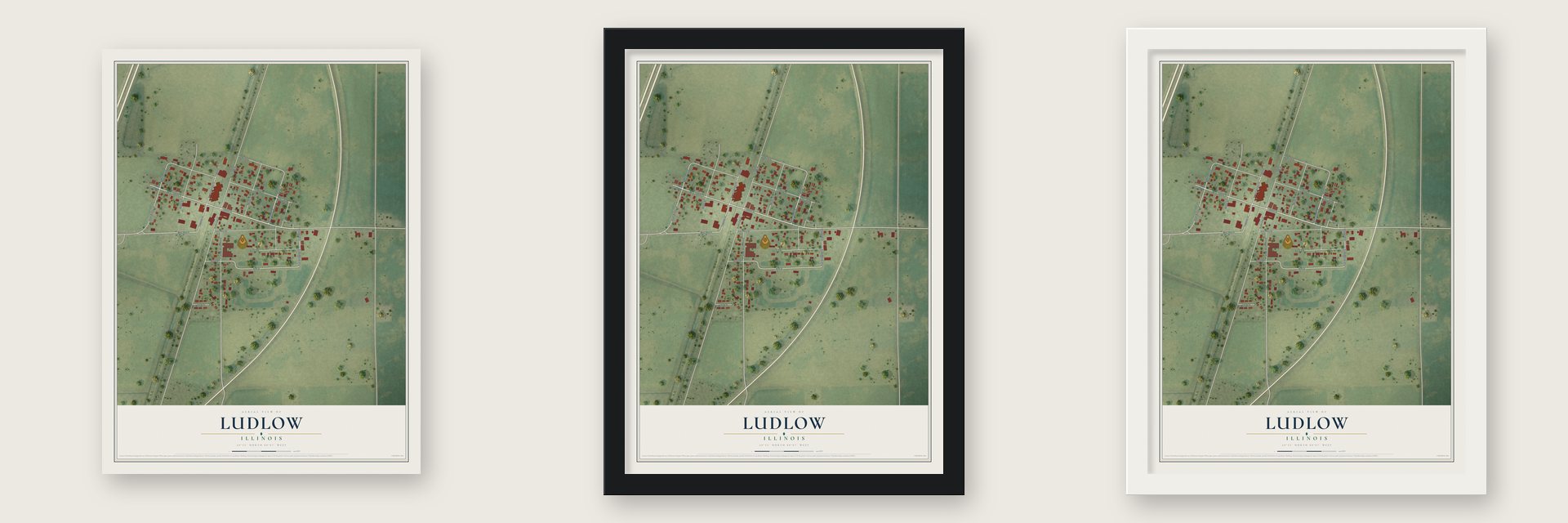 Ludlow, Illinois map unframed, in a black wood frame and in a white wood frame