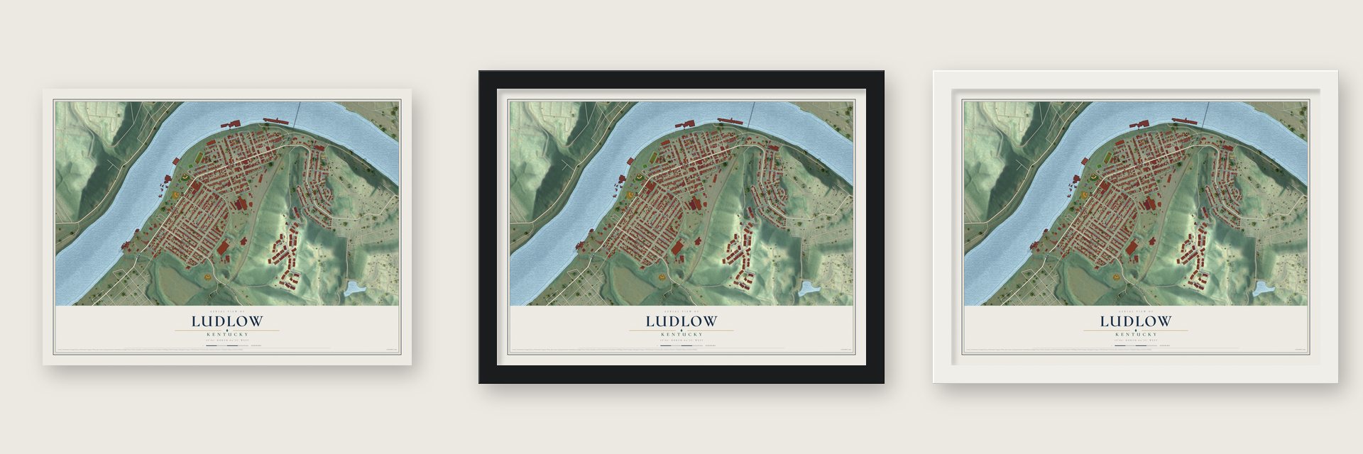 Ludlow, Kentucky map unframed, in a black wood frame and in a white wood frame
