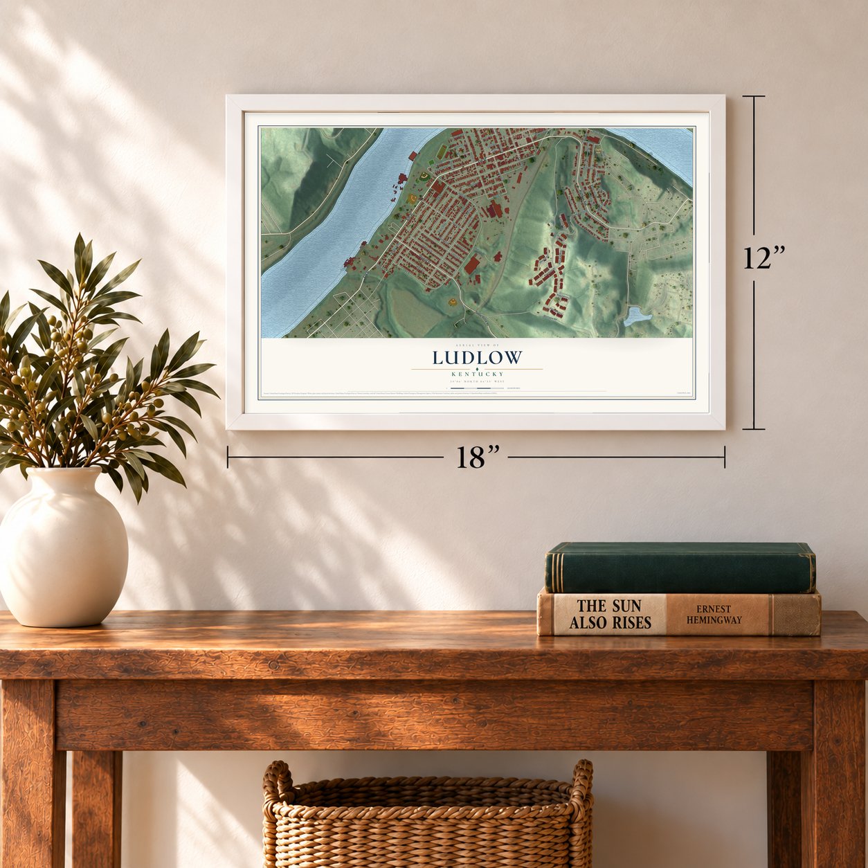 Ludlow, Kentucky map, 12 x 18 inch print in a white frame in an entryway