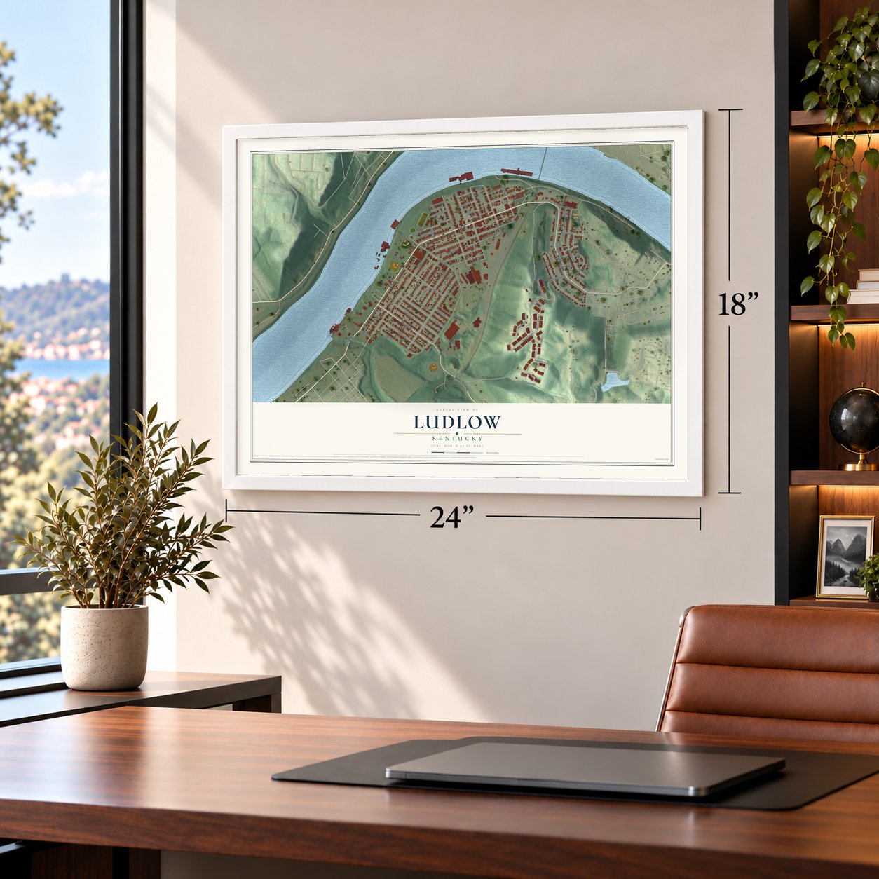Ludlow, Kentucky map, 18 x 24 inch print in a white frame in a home office