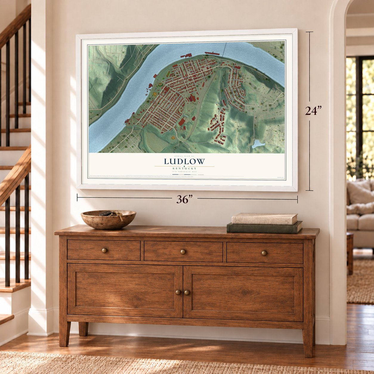 Ludlow, Kentucky map, 24 x 36 inch print in a white frame above a dresser by a staircase