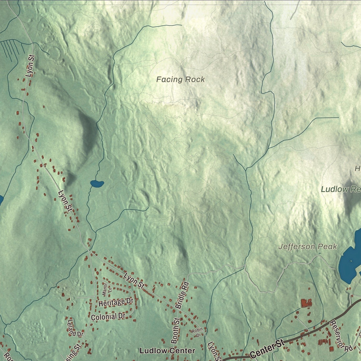 Close-up of the map of Ludlow, Massachusetts print showing terrain and local geography