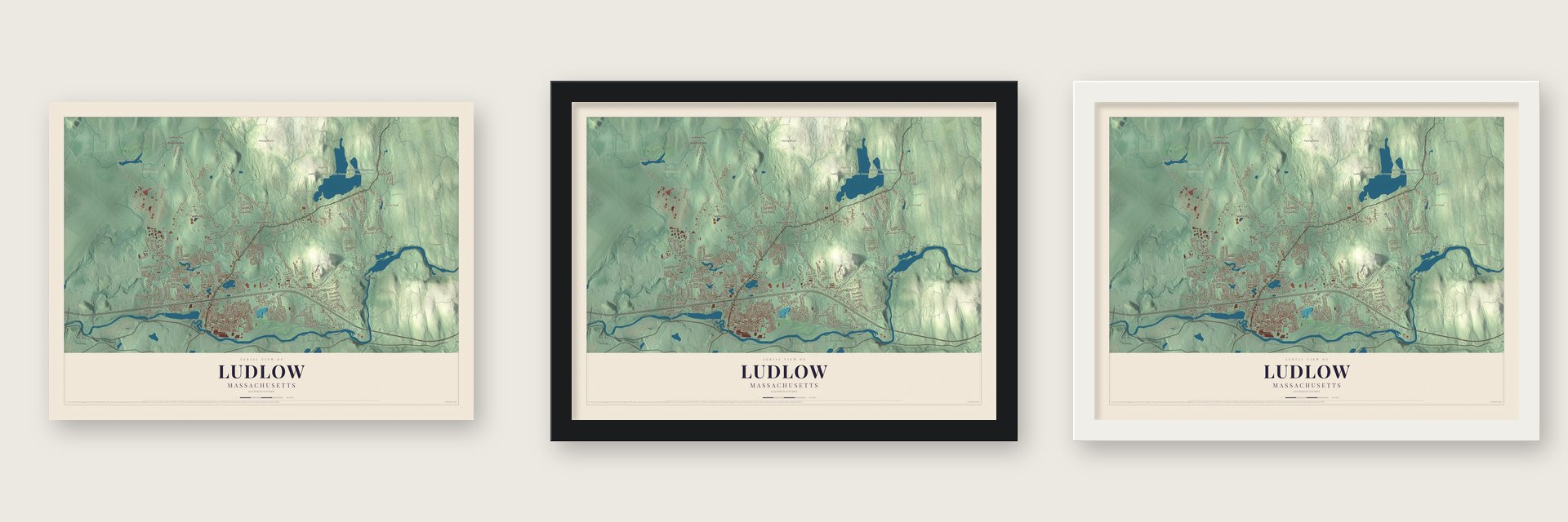Ludlow, Massachusetts map unframed, in a black wood frame and in a white wood frame