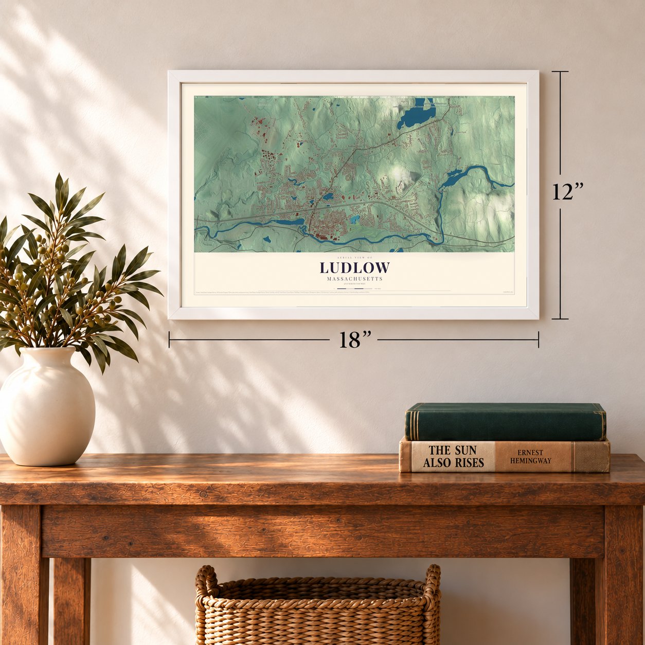 Ludlow, Massachusetts map, 12 x 18 inch print in a white frame in an entryway